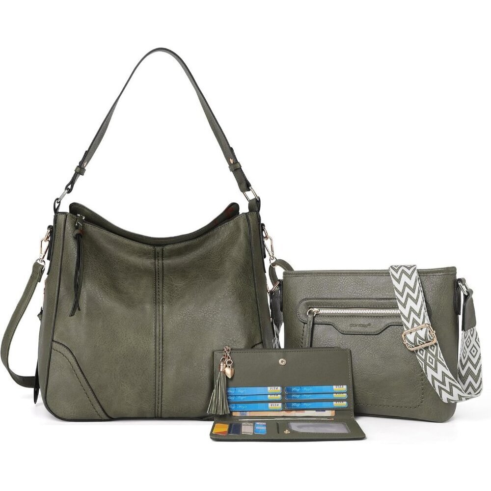 Women’s Dark Green 3PCS PU Leather Purses Set Crossbody Wallet & Hobo Tote Bag
